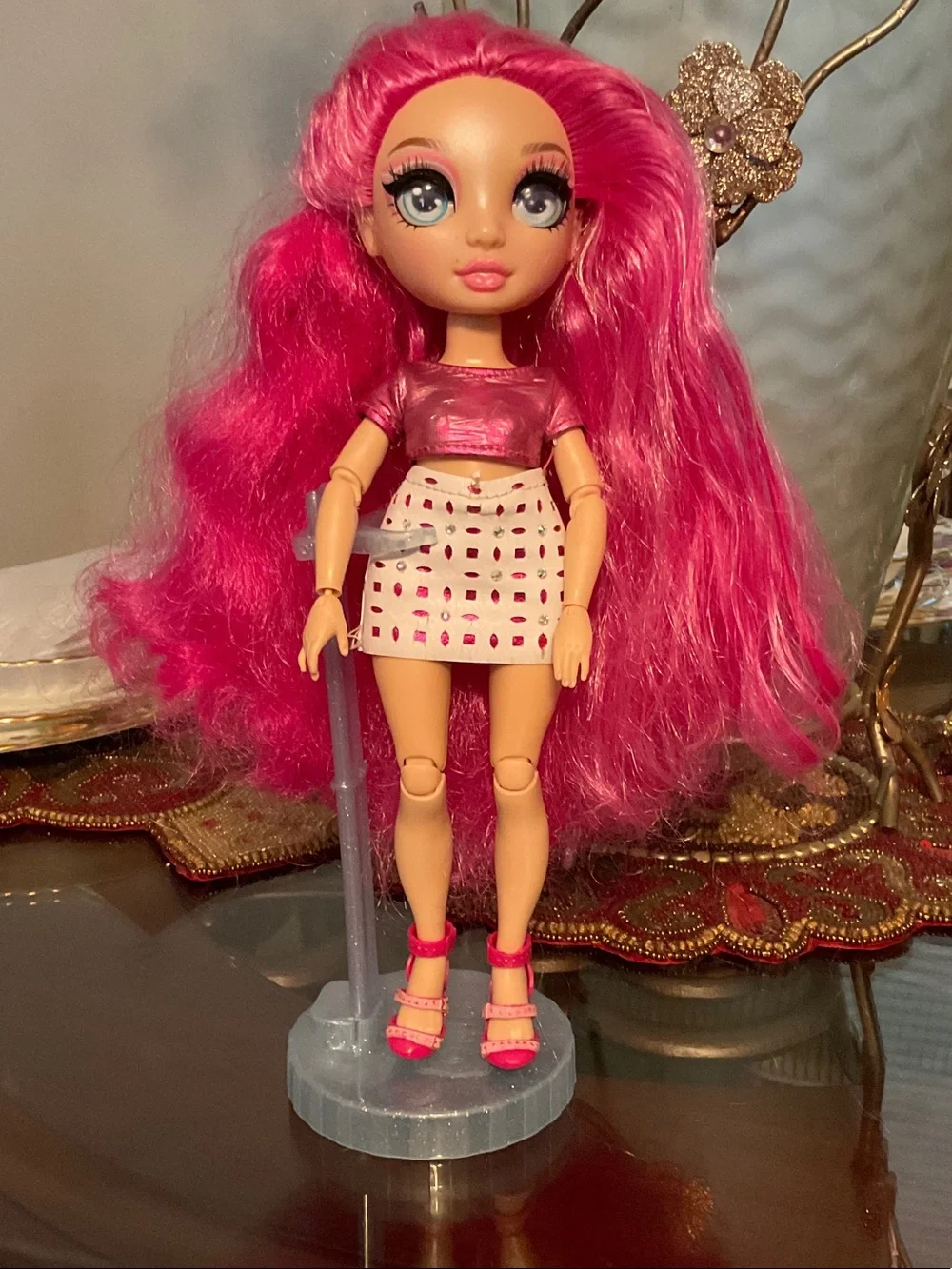 Rainbow Pink-Haired Fashion Doll with Shiny Top